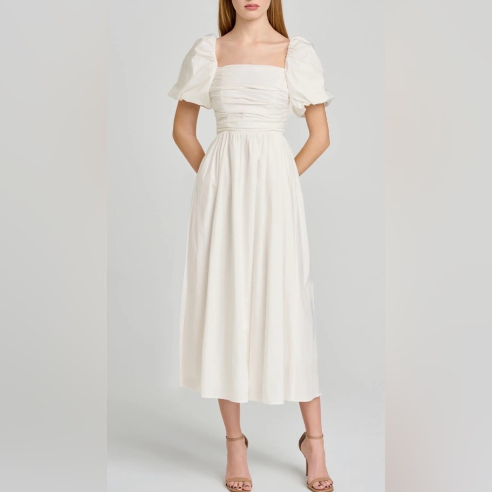 WAYF Lucy Ruched Puff Sleeve Midi Dress